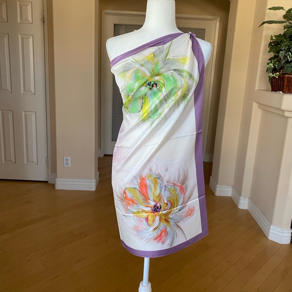 Elegant Floral Silk Wrap Scarf Sarong in Purple, Green and Orange